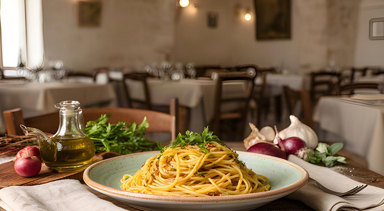 Tavola apparecchiata in un ristorante di Locorotondo con pasta fresca e dettagli della cucina pugliese