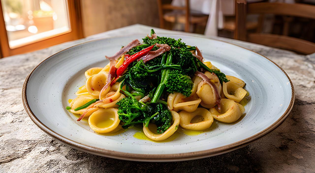 Piatto di orecchiette fresche con cime di rapa su un tavolo in pietra della Puglia