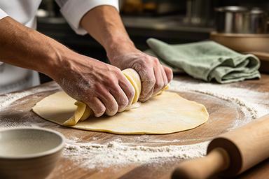 Mani del cuoco che lavorano la pasta fresca su un banco infarinato nella cucina del ristorante