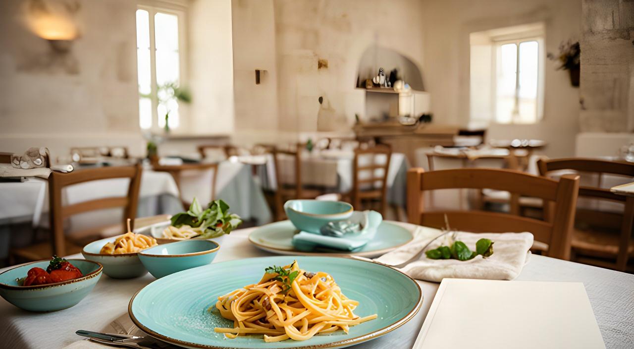 Tavolo apparecchiato in un ristorante pugliese di Locorotondo con menu e pasta fresca