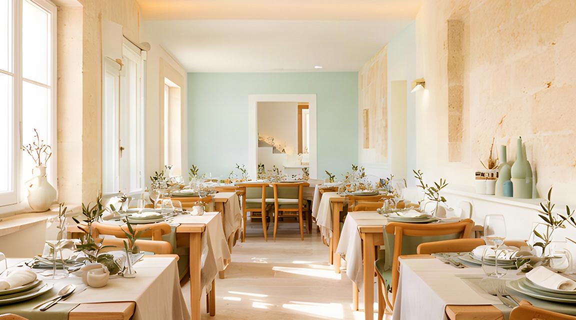 Sala luminosa di un ristorante italiano a Locorotondo con tavoli apparecchiati e dettagli pugliesi