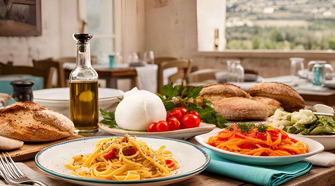 Tavola pugliese con piatti di pasta fresca, burrata e pomodorini in un ristorante di Locorotondo