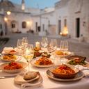 Cena italiana servita su una tavola apparecchiata nel centro storico di Locorotondo