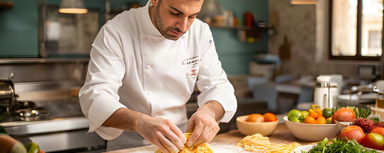 Chef Khiran Pandolfelli che prepara pasta fresca a vista nella cucina del ristorante