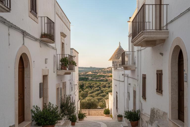 Vicoli di Locorotondo con case in pietra bianca e dettagli architettonici pugliesi