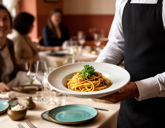 Cameriere che porta un piatto di pasta fresca a un tavolo apparecchiato nella sala del ristorante