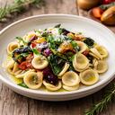 Orecchiette fresche lavorate a mano su un piano di legno in cucina
