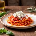 Piatto di pasta regionale pugliese con sugo di pomodoro e ricotta salata