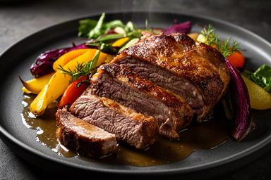 Carne arrosto servita con verdure stagionali su un piatto scuro del ristorante
