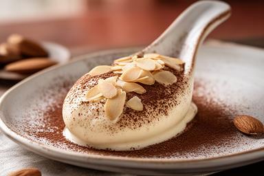 Dolce artigianale al cucchiaio decorato con cacao e mandorle pugliesi